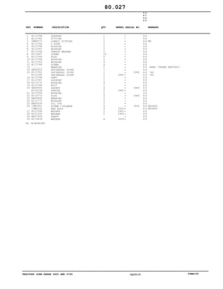 TRACTORS JOHN DEERE 5600 AND 5700 CQ33115 06MAI04
1
2
3
4
5
6
7
8
9
10
11
12
13
14
15
16
17
18
19
20
21
22
23
24
25
26
27
28
29
30
H113788
R113782
58M5573
R113762
R113766
R113767
R113769
R113997
R113765
R113764
R113763
R113784
.......
RE45902
R113781
R121595
R113768
R113787
R113770
R113786
RE45895
R122218
R113780
R113773
RE45896
R113771
RE45936
19M7851
19M8102
R121594
R121593
RE57499
R114918
SUPPORT
FITTING
LUBRIC FITTING
O RING
BUSHING
BUSHING
THRUST WASHER
SCREW
PLUG
BUSHING
BUSHING
SCREW
BEARING
UNIVERSAL JOINT
UNIVERSAL JOINT
UNIVERSAL JOINT
VENT
SUPPORT
BUSHING
BOLT
GASKET
SPACER
BUSHING
PLUG
BEARING
BUSHING
OIL CUP
SCREW C/FLANGE
HEX BOLT
WASHER
WASHER
SHAFT
WASHER
1
1
2
1
2
2
2
10
2
2
4
4
2
1
1
1
1
1
4
1
4
2
2
4
2
2
2
4
4
2
2
4
2941
2941
3553
2941
2941
3553
2940
2940
2940
3552
5
6
0
0
5
7
0
0
X X
X X
X X
X X
X X
X X
X X
X X
X X
X X
X X
X X
X X
X X
X X
X X
X X
X X
X X
X X
X X
X X
X X
X X
X X
X X
X X
X X
X X
X X
X X
X X
X X
M6
NSEP (0RDER RE45902)
(A)
(A)
M20X60
M20X65
80.027
(A) W/BUSHING
-
-
-
-
-
-
-
-
-
-
-
-
-
-
-
-
-
-
-
-
-
-
-
-
-
-
-
-
-
-
-
-
-
KEY NUMBER DESCRIPTION QTY REMARKSMFWSD SERIAL NO.
 
