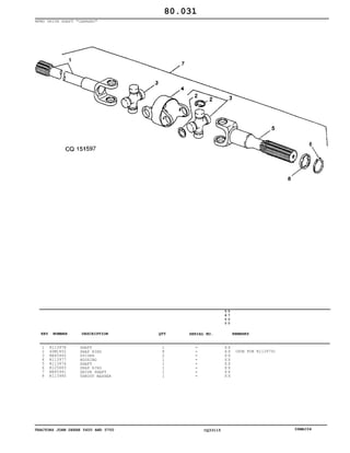 TRACTORS JOHN DEERE 5600 AND 5700 CQ33115 06MAI04
MFWD DRIVE SHAFT "CARRARO"
1
2
3
4
5
6
7
8
R113978
40M1852
RE45940
R113977
R113976
R125683
RE45941
R113980
SHAFT
SNAP RING
SPIDER
HOUSING
SHAFT
SNAP RING
DRIVE SHAFT
THRUST WASHER
1
8
2
1
1
1
1
1
5
6
0
0
5
7
0
0
X X
X X
X X
X X
X X
X X
X X
X X
(SUB FOR R113979)
80.031
-
-
-
-
-
-
-
-
KEY NUMBER DESCRIPTION QTY REMARKSSERIAL NO.
 