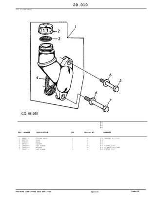 TRACTORS JOHN DEERE 5600 AND 5700 CQ33115 06MAI04
OIL FILLER NECK
1
2
3
4
5
6
7
RE48735
R90788
T20328
R87259
19H3483
24H1304
19H2732
FILLER NECK
PLUG
SHIM
GASKET
CAP SCREW
WASHER
CAP SCREW
1
1
1
1
1
2
1
5
6
0
0
5
7
0
0
X X
X X
X X
X X
X X
X X
X X
MARKED R112035
3/8"X1.1/8"
10,3X18,3X3,0MM
3/8"X2 3/4"
20.010
-
-
-
-
-
-
-
KEY NUMBER DESCRIPTION QTY REMARKSSERIAL NO.
 