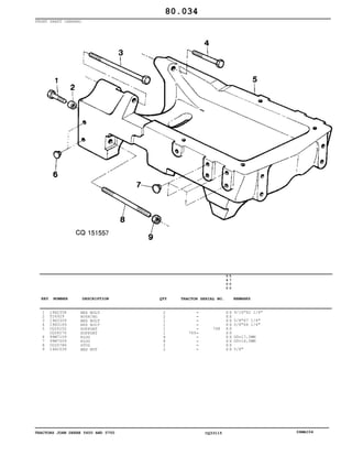 TRACTORS JOHN DEERE 5600 AND 5700 CQ33115 06MAI04
FRONT SHAFT CARRARO
1
2
3
4
5
6
7
8
9
19H2358
T26929
19H3309
19H3169
CQ26102
CQ28276
99M7109
99M7009
CQ25786
14H1039
HEX BOLT
BUSHING
HEX BOLT
HEX BOLT
SUPPORT
SUPPORT
PLUG
PLUG
STUD
HEX NUT
2
2
1
1
1
1
4
8
2
2
769
768
5
6
0
0
5
7
0
0
X X
X X
X X
X X
X X
X X
X X
X X
X X
X X
9/16"X2 1/4"
5/8"X7 1/4"
5/8"X4 1/4"
OD=17,0MM
OD=14,5MM
5/8"
80.034
-
-
-
-
-
-
-
-
-
-
KEY NUMBER DESCRIPTION QTY REMARKSTRACTOR SERIAL NO.
 