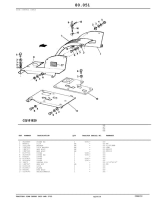 TRACTORS JOHN DEERE 5600 AND 5700 CQ33115 06MAI04
SIDE CONTROL COWLS
1
2
3
4
5
6
7
8
9
10
11
12
13
14
15
16
17
DQ33444
M84972
CQ01248
12M7006
19M7077
19M7560
R137702
DQ33439
R34537
R137835
DQ33406
34H73
14M7027
R105126
R109417
R42641
CQ34340
SIDER RH
CLIP
WASHER
LOCK WASHER
HEX BOLT
HEX BOLT
COVER
COVER RH
LEVER
COVER
COVER
SPRING PIN
HEX NUT
LOCK
PLATE
EYE BOLT
DECALCOMANIA
1
AR
AR
AR
AR
AR
1
1
1
1
1
1
AR
1
1
1
1
5241
5241
5241
5241
5241
5
6
0
0
5
7
0
0
X X
X X
X X
X X
X X
X X
X X
X X
X X
X X
X X
X X
X X
X X
X X
X X
X X
M6
6,4X18MM
6MM
M6X20
M6X16
3/16"X3/4"
M6
80.051
-
-
-
-
-
-
-
-
-
-
-
-
-
-
-
-
-
KEY NUMBER DESCRIPTION QTY REMARKSTRACTOR SERIAL NO.
 