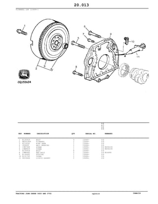 TRACTORS JOHN DEERE 5600 AND 5700 CQ33115 06MAI04
FLYWHEEL LUK (13694-)
1
2
3
4
5
6
7
8
9
10
11
R135918
RE502964
R114282
JD9449
19M7968
19M8809
R135918
19M8485
R136492
R131765
DD15664
BOLT
FLYWHEEL
RING GEAR
BALL BEARING
SCREW
SCREW
BOLT
HEX BOLT
HOUSING
COVER
LIQUID GASKET
4
1
1
1
1
1
8
2
1
1
1
13694
13694
13694
13694
13694
13694
13694
13694
13694
13694
13694
5
6
0
0
5
7
0
0
X X
X X
X X
X X
X X
X X
X X
X X
X X
X X
X X
M20X100
M20X100
M16X90
20.013
-
-
-
-
-
-
-
-
-
-
-
KEY NUMBER DESCRIPTION QTY REMARKSSERIAL NO.
 