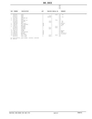 TRACTORS JOHN DEERE 5600 AND 5700 CQ33115 06MAI04
1
2
3
4
5
6
7
8
9
10
11
12
13
14
DQ29181
DQ34703
DQ36031
CQ27565
DQ27557
CQ27564
CQ36459
CQ36456
19M7268
12M7067
14M7031
CQ26103
DQ29854
DQ33518
CQ27676
19M7139
12M7065
24M7026
CQ28972
DQ29859
DQ33516
SEAT
SEAT
SEAT
SUPPORT RH
BAND
SUPPORT LH
SUPPORT
SEAT
HEX BOLT
LOCK WASHER
HEX NUT
SUPPORT
SUPPORT
SUPPORT
STRAP
SCREW
LOCK WASHER
WASHER
HEX BOLT
TOOL CASE
TOOL CASE
1
1
1
1
1
1
1
1
AR
AR
AR
1
1
1
1
AR
AR
AR
AR
1
1
7543
XXXXXX
7543
7543
2233
5241
2233
5241
7542
7542
2223
5240
5240
5
6
0
0
5
7
0
0
X X
X X
X X
X X
X X
X X
X X
X X
X X
X X
X X
X X
X X
X X
X X
X X
X X
X X
X X
X X
X X
(A)
(B)
RH
LH
M12X25
12MM
M12
M8X20
8MM
9X17X1,6
7/16"X1"
90.003
(A)
(B)
SUB DQ34703, ALSO ORDER CQ35502, CQ35998
AFRICA
-
-
-
-
-
-
-
-
-
-
-
-
-
-
-
-
-
-
-
-
-
KEY NUMBER DESCRIPTION QTY REMARKSTRACTOR SERIAL NO.
 