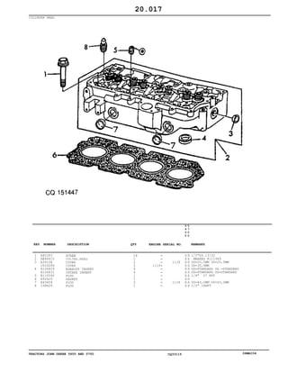 TRACTORS JOHN DEERE 5600 AND 5700 CQ33115 06MAI04
CYLINDER HEAD
1
2
3
4
5
6
7
8
R85363
RE48615
A3910R
CD16284
R106829
R106831
R119392
R92425
R43409
15H624
SCREW
CULIND.HEAD
COVER
COVER
EXHAUST INSERT
INTAKE INSERT
PLUG
GASKET
PLUG
PLUG
18
1
2
2
4
4
1
1
2
1
1119
1118
1118
5
6
0
0
5
7
0
0
X X
X X
X X
X X
X X
X X
X X
X X
X X
X X
1/2"X4.13/32
MARKED R111949
OD=25,5MM OD=25,5MM
0D=32,6MM
OD=STANDARD OD.=STANDARD
OD=STANDARD OD=STANDARD
1/8" 27 NPT
OD=43,2MM OD=43,2MM
1/2" 14NPT
20.017
-
-
-
-
-
-
-
-
-
-
KEY NUMBER DESCRIPTION QTY REMARKSENGINE SERIAL NO.
 