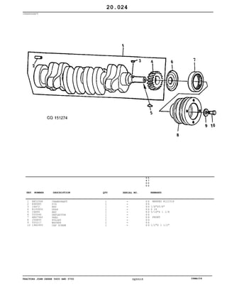 TRACTORS JOHN DEERE 5600 AND 5700 CQ33115 06MAI04
CRANKSHAFT
1
2
3
4
5
6
7
8
9
10
RE52068
R48685
26H72
R100850
26H90
T20046
AR67942
J56800
T20217
19H2993
CRANKSHAFT
PIN
KEY
GEAR
KEY
DEFLECTOR
SEAL
PULLEY
WASHER
CAP SCREW
1
1
1
1
1
1
1
1
1
1
5
6
0
0
5
7
0
0
X X
X X
X X
X X
X X
X X
X X
X X
X X
X X
MARKED R121018
1/8"X5/8"
Z 24
5/16"X 1 1/8
FRONT
1/2"X 1 1/2"
20.024
-
-
-
-
-
-
-
-
-
-
KEY NUMBER DESCRIPTION QTY REMARKSSERIAL NO.
 