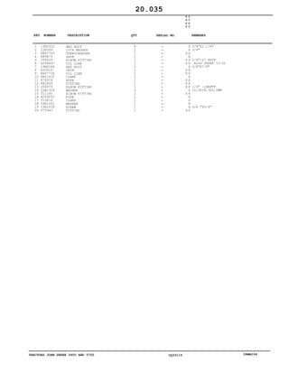 TRACTORS JOHN DEERE 5600 AND 5700 CQ33115 06MAI04
1
2
3
4
5
6
7
8
9
10
11
12
13
14
15
16
17
18
19
20
19H2552
12H304
RE47705
R89879
J56229
AJ58697
19H2284
R43416
RE47736
AR21837
R76974
R82859
J56979
24H1304
T11180
AJ59057
T13814
24H1051
19H1936
T71443
HEX BOLT
LOCK WASHER
TURBOCHARGER
SHIM
ELBOW FITTING
OIL LINE
HEX BOLT
SHIM
OIL LINE
CLAMP
HOSE
FITTING
ELBOW FITTING
WASHER
ELBOW FITTING
PIPE
CLAMP
WASHER
SCREW
FITTING
4
2
1
1
1
1
2
1
1
2
1
1
1
4
1
1
1
1
1
1
5
6
0
0
5
7
0
0
X
X
X X
X
X X
X X
X
X X
X X
X
X X
X X
X X
X
X X
X
X
X
X
X X
3/8"X1.1/8"
3/8"
1/8"-27 NPTF
ALSO ORDER 15-20
3/8"X7/8"
1/4" -18NPTF
10,3X18,3X3,0MM
3/8 "X3/4"
20.035
-
-
-
-
-
-
-
-
-
-
-
-
-
-
-
-
-
-
-
-
KEY NUMBER DESCRIPTION QTY REMARKSSERIAL NO.
 