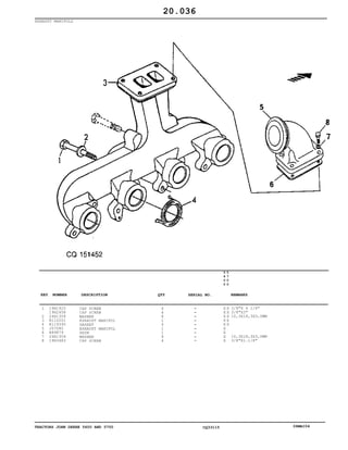 TRACTORS JOHN DEERE 5600 AND 5700 CQ33115 06MAI04
EXHAUST MANIFOLD
1
2
3
4
5
6
7
8
19H1925
19H2458
24H1304
R110201
R119395
J57080
R89879
24H1304
19H3483
CAP SCREW
CAP SCREW
WASHER
EXHAUST MANIFOL
GASKET
EXHAUST MANIFOL
SHIM
WASHER
CAP SCREW
4
4
8
1
4
1
1
4
4
5
6
0
0
5
7
0
0
X X
X X
X X
X X
X X
X
X
X
X
3/8"X 4 1/4"
3/8"X3"
10,3X18,3X3,0MM
10,3X18,3X3,0MM
3/8"X1.1/8"
20.036
-
-
-
-
-
-
-
-
-
KEY NUMBER DESCRIPTION QTY REMARKSSERIAL NO.
 