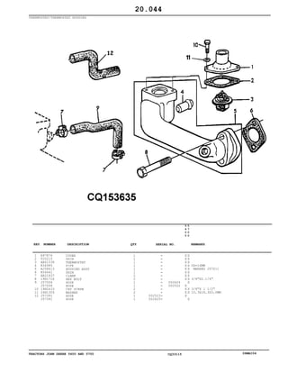 TRACTORS JOHN DEERE 5600 AND 5700 CQ33115 06MAI04
THERMOSTAT/THERMOSTAT HOUSING
1
2
3
4
5
6
7
8
9
10
11
12
R97876
T20215
AR61538
R34985
AJ58613
R54641
AR21837
19H1726
J57006
J57006
19H2633
24H1304
J57391
J57391
COVER
SHIM
THERMOSTAT
PIPE
HOUSING ASSY
SHIM
CLAMP
HEX BOLT
HOSE
HOSE
CAP SCREW
WASHER
HOSE
HOSE
1
1
1
1
1
1
2
2
1
1
2
2
1
1
002523
002625
002624
002522
5
6
0
0
5
7
0
0
X X
X X
X X
X X
X X
X X
X X
X X
X
X
X X
X X
X
X
OD=16MM
MARKED J57011
3/8"X2.1/4"
3/8"X 1 1/2"
10,3X18,3X3,0MM
20.044
-
-
-
-
-
-
-
-
-
-
-
-
-
-
KEY NUMBER DESCRIPTION QTY REMARKSSERIAL NO.
 
