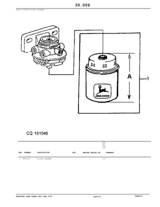 TRACTORS JOHN DEERE 5600 AND 5700 CQ33115 06MAI04
FUEL FILTER/FILTER ELEMENT
1 RE62419 FILTER ALEMENT
5
6
0
0
5
7
0
0
X X
30.006
-
KEY NUMBER DESCRIPTION QTY REMARKSENGINE SERIAL NO.
 