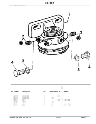 TRACTORS JOHN DEERE 5600 AND 5700 CQ33115 06MAI04
FUEL FILTER/FILTER HEAD
1
2
3
4
RE63180
RE63180
RE63181
RE63181
15H275
15H275
R26286
R26286
R27094
R27094
FILTER HEAD
FILTER HEAD
FILTER HEAD
FILTER HEAD
PLUG
PLUG
O RING
O RING
PLUG
PLUG
1
1
1
1
2
2
2
2
2
2
1309
1237
1309
1237
1309
1237
1308
1236
1308
1236
5
6
0
0
5
7
0
0
X
X
X
X
X
X
X
X
X
X
1/4"-18NPT
1/4"-18NPT
1/2"- 20UNF
1/2"- 20UNF
30.007
-
-
-
-
-
-
-
-
-
-
KEY NUMBER DESCRIPTION QTY REMARKSENGINE SERIAL NO.
 