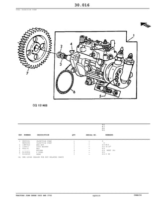 TRACTORS JOHN DEERE 5600 AND 5700 CQ33115 06MAI04
FUEL INJECTION PUMP
1
2
3
4
5
6
7
RE65261
RE65262
14M7502
12H317
R56131
.......
R130854
R126249
INJECTION PUMP
INJECTION PUMP
HEX NUT
LOCK WASHER
KEY
HOLDER
O RING
GEAR
1
1
1
1
1
4
1
1
5
6
0
0
5
7
0
0
X
X
X X
X X
X X
X X
X X
X X
M14
9/16"
NSEP (A)
Z 48
30.016
(A) SEE LUCAS DEALER FOR NOT RELATED PARTS
-
-
-
-
-
-
-
-
KEY NUMBER DESCRIPTION QTY REMARKSSERIAL NO.
 