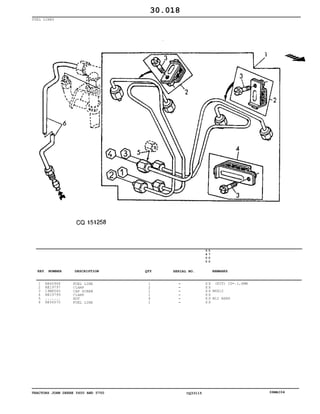 TRACTORS JOHN DEERE 5600 AND 5700 CQ33115 06MAI04
FUEL LINES
1
2
3
4
5
6
RE60968
RE19797
19M8560
RE19799
.......
RE56570
FUEL LINE
CLAMP
CAP SCREW
CLAMP
NUT
FUEL LINE
1
2
1
1
4
1
5
6
0
0
5
7
0
0
X X
X X
X X
X X
X X
X X
(KIT) ID=.1,6MM
M6X12
M12 NSEP
30.018
-
-
-
-
-
-
KEY NUMBER DESCRIPTION QTY REMARKSSERIAL NO.
 