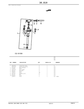 TRACTORS JOHN DEERE 5600 AND 5700 CQ33115 06MAI04
FUEL INJECTION NOZZLE
1
2
3
4
5
6
7
8
9
10
RE36935
RE36939
R71963
R79605
R101201
R92352
R48000
T24472
R51936
R51937
R66090
J56917
INJECTION NOZZ
INJECTION NOZZL
TEE FITTING
SHIM
CAP SCREW
PACKING
SHIM
PLUG
SLEEVE FITT
NUT
PIPE
PIPE
4
4
4
4
4
4
4
AR
8
8
3
1
5
6
0
0
5
7
0
0
X
X X
X X
X X
X X
X X
X X
X X
X X
X X
X X
X X REAR
30.019
-
-
-
-
-
-
-
-
-
-
-
-
KEY NUMBER DESCRIPTION QTY REMARKSSERIAL NO.
 