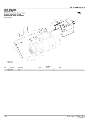040 SISTEMA ELETRICO
Starter Motor Shield
Garant de démarreur
Anlasserschutz
Protezione motorino di avviamento
Protetor do Motor de Partida
Protección de motor de arranque
PUBM1435 A.1
Item Nº peça Descrição Qtde
Nº série
motor Notas
1 RE530306 Kit 1 NLA
138 6145J Tractor PC8550P (E.1)
ST347268(C.1)
 