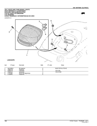 040 SISTEMA ELETRICO
TAIL LIGHTS AND TURN SIGNAL LIGHTS
FEUX ARRIERE ET CLIGNOTANTS
SCHLUSS- UND BLINKLEUCHTEN
LUCI DI CODA E DI DIREZIONE
LUZ TRASEIRA
LUCES TRASERAS E INTERMITENCIAS DE GIRO
LX033270 A.1
Item Nº peça Descrição Qtde Nº série Notas
1 AL210810 Kit retentor 2 SUB FOR AL176143
2 37M7274 Parafuso 4
3 57M7014 Lâmpada 1 12V-21W
4 57M7011 Lâmpada 1 12V-21/5W
5 L151980 Porca de segurança 4
6 L152943 Passa-fio 4
142 6145J Tractor PC8550P (E.1)
ST347272(B.1)
 