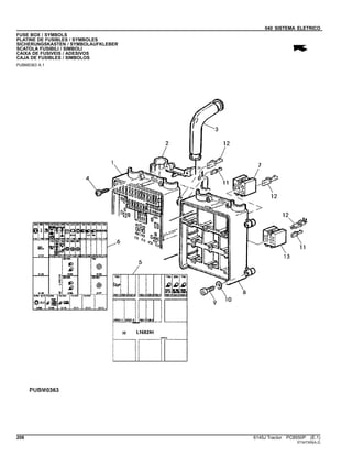 040 SISTEMA ELETRICO
FUSE BOX / SYMBOLS
PLATINE DE FUSIBLES / SYMBOLES
SICHERUNGSKASTEN / SYMBOLAUFKLEBER
SCATOLA FUSIBILI / SIMBOLI
CAIXA DE FUSIVEIS / ADESIVOS
CAJA DE FUSIBLES / SIMBOLOS
PUBM0363 A.1
208 6145J Tractor PC8550P (E.1)
ST347309(A.2)
 