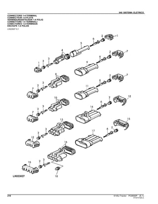 040 SISTEMA ELETRICO
CONNECTORS 1-4-TERMINAL
CONNECTEUR 1-4 PLOTS
VERBINDUNGSSTECKER 1-4 POLIG
CONNETTORE 1-4 TERMINALI
CONECTORES 1-4-TERMINAIS
ENCHUFE 1-4 POLOS
LX023027 A.1
218 6145J Tractor PC8550P (E.1)
ST347315(B.2)
 