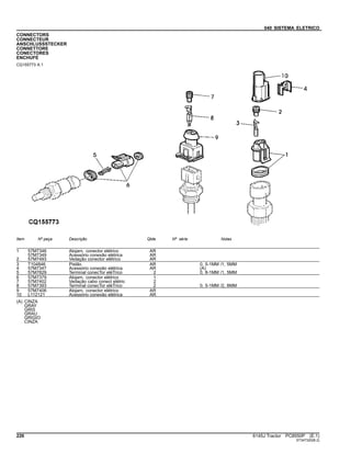 040 SISTEMA ELETRICO
CONNECTORS
CONNECTEUR
ANSCHLUSSSTECKER
CONNETTORE
CONECTORES
ENCHUFE
CQ155773 A.1
Item Nº peça Descrição Qtde Nº série Notas
1 57M7346 Alojam. conector elétrico AR
57M7349 Acessório conexão elétrica AR
2 57M7493 Vedação conector elétrico AR
3 T104846 Pistão AR 0, 5-1MM /1, 5MM
4 57M7347 Acessório conexão elétrica AR (A)
5 57M7829 Terminal conecTor eléTrico 2 0, 8-1MM /1, 5MM
6 57M7379 Alojam. conector elétrico 1
7 57M7402 Vedação cabo conect elétric 2
8 57M7393 Terminal conecTor eléTrico 2 0, 5-1MM /2, 8MM
9 57M7406 Alojam. conector elétrico AR
10 L112121 Acessório conexão elétrica AR
(A) CINZA
GRAY
GRIS
GRAU
GRIGIO
CINZA
226 6145J Tractor PC8550P (E.1)
ST347320(B.2)
 