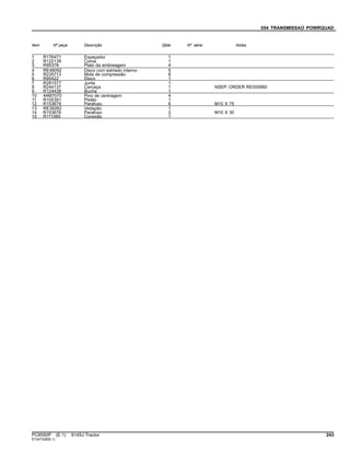 054 TRANSMISSAO POWRQUAD
Item Nº peça Descrição Qtde Nº série Notas
1 R176471 Espaçador 1
2 R122139 Coroa 1
3 R95378 Plato da embreagem 4
4 RE48092 Disco com estriado interno 5
5 R235713 Mola de compressão 8
6 R95422 Disco 1
7 R281577 Junta 1
8 R244137 Carcaça 1 NSEP, ORDER RE555960
9 R124438 Bucha 1
10 44M7070 Pino de centragem 4
11 R105391 Pistão 1
12 R153679 Parafuso 6 M10 X 75
13 RE39262 Vedação 1
14 R153676 Parafuso 2 M10 X 30
15 R111085 Conexão 1
PC8550P (E.1) 6145J Tractor 243
ST347328(B.1)
 