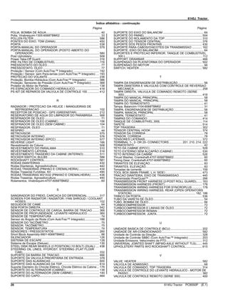 6145J Tractor
Índice alfabético - continuação
Página Página
POLIA, BOMBA DE ÁGUA.................................................................. 40
Polia, Virabrequim-1305-6068TBM02 ................................................. 33
POLLEN FILTER ............................................................................... 586
PONTES DO EIXO, TDM (DANA)..................................................... 450
PORTA .............................................................................................. 538
PORTA-MANUAL DO OPERADOR .................................................. 579
PORTA-MANUAL DO OPERADOR (POSTO ABERTO DO
OPERADOR) ............................................................................... 580
Post Upholstery ................................................................................. 508
Power Take-Off Guard....................................................................... 316
PRE FILTRO DE COMBUSTIVEL......................................................116
PRESSOSTATO DO ÓLEO................................................................. 77
PRESSOSTATO, ÓLEO ...................................................................... 77
Proteção / Sensor (Com AutoTrac™ Integrado) ............................... 192
Proteção / Sensor, sem Para-lamas (com AutoTrac™ Integrado) .... 193
PROTECAO DO VOLANTE .............................................................. 236
Proteção, Bomba Hidráulica (Com AutoTrac™ Integrado) ............... 386
Proteção, Sensores de Pressão (Com AutoTrac™ Integrado) ......... 368
Protetor do Motor de Partida ............................................................. 138
PS ESPACADOR DO COMANDO HIDRAULICO............................. 418
PS KIT DE REPAROS DA VALVULA DE CONTROLE 100 .............. 412
R
RADIADOR / PROTECAO DA HELICE / MANGUEIRAS DE
REFRIGERACAO ........................................................................ 102
RECEPTOR DE POSICAO - GPS (GREENSTAR)........................... 212
RESERVATORIO DE AGUA DO LIMPADOR DO PARABRISA........ 568
RESFRIADOR DE ÓLEO.................................................................... 71
RESFRIADOR DE OLEO (CABINE) ................................................. 106
RESFRIADOR DE OLEO (SEM CABINE) ........................................ 104
RESFRIADOR, ÓLEO......................................................................... 71
RESPIRO ............................................................................................ 44
RETROVISOR................................................................................... 575
RETROVISOR INTERNO.................................................................. 576
RETROVISOR INTERNO (EPCC) .................................................... 577
REVERSE LIGHT.............................................................................. 166
Revestimento da Coluna ................................................................... 508
REVESTIMENTO DO PARALAMA ................................................... 510
REVESTIMENTO LATERAL ............................................................. 516
REVESTIMENTO TRASEIRO DA CABINE (INTERNO)....................511
ROCKER SWITCH, BULBS .............................................................. 588
ROCKSHAFT CONTROL.................................................................. 581
RODAS DIANTEIRAS ....................................................................... 432
Rodas Dianteiras, Agrossilvicultura................................................... 442
RODAS TRASEIRAS (PINHAO E CREMALHEIRA)......................... 434
Rodas Traseiras Fundidas, Kit .......................................................... 490
RODAS TRASEIRAS W21X32 (PINHAO E CREMALHEIRA).......... 436
Rodas Traseiras, Agrossilvicultura .................................................... 440
Rolamentos, Virabrequim-4707-6068TBM02...................................... 60
S
SANGRADOR DO FREIO, CARCACA DO DIFERENCIAL .............. 317
SCREEN FOR RADIATOR / RADIATOR / FAN SHROUD / COOLANT
HOSES......................................................................................... 102
SEGUIDOR DE CAME........................................................................ 64
SEM PORTA DIREITA....................................................................... 542
SENSOR DE CONTROLE DE CARGA, BARRA DE TRACAO ........ 366
SENSOR DE PROFUNDIDADE, LEVANTE HIDRAULICO .............. 360
SENSOR DE TEMPERATURA ........................................................... 74
Sensor do Ângulo da Roda (Com AutoTrac™ Integrado) ................. 188
SENSOR DO TACÔMETRO ............................................................... 75
SENSOR, TACÔMETRO..................................................................... 75
SENSOR, TEMPERATURA ................................................................ 74
SENSORES / PRESSOSTATOS....................................................... 260
Short Block Assembly-9901-6068TBM02............................................ 88
SILENCIADOR .................................................................................. 126
SISTEMA DE ESCAPE ..................................................................... 128
Sistema de Escape (Deluxe)............................................................. 130
STEEL DISK REAR WHEELS (2 POSITION) (10 BOLT) (DUAL) .... 438
STEERING OIL LINES, HYDROST. STEERING (FLAT FLO0R
CAB)............................................................................................. 332
SUPORTE DA BARRA DE TRACAO................................................ 466
SUPORTE DA VALVULA PRIORITARIA DE ENTRADA................... 378
SUPORTE DAS ALAVANCAS........................................................... 600
SUPORTE DAS ALAVANCAS DA TDP............................................. 614
Suporte Dianteiro do Chicote Elétrico, Chicote Elétrico da Cabine... 176
SUPORTE DO ALTERNADOR (CABINE)......................................... 139
SUPORTE DO ALTERNADOR (SEM CABINE)................................ 140
SUPORTE DO CAPO........................................................................ 464
SUPORTE DO EIXO DO BALANCIM ................................................. 64
SUPORTE DO PAINEL ..................................................................... 504
SUPORTE DO ROLAMENTO DA TDP............................................. 310
SUPORTE DO TENSOR CENTRAL................................................. 376
SUPORTE DOS PESOS FRONTAIS ................................................ 430
SUPORTE PARA CABOS/CHICOTES DA TRANSMISSAO ............ 162
SUPORTE, EIXO DO BALANCIM....................................................... 64
SUPORTES E PROTECAO INFERIOR, TANQUE DE COMBUSTIVEL
300 L .............................................................................................112
SUPPORT, DRAWBAR ..................................................................... 466
SUSPENSAO DA PLATAFORMA DO OPERADOR ......................... 502
SUSPENSAO DO MOTOR ................................................................. 94
SWITCH, HEATER............................................................................ 582
T
TAMPA DA ENGRENAGEM DE DISTRIBUIÇÃO ............................... 56
TAMPA DIANTEIRA E VALVULAS COM CONTROLE DE REVERSAO
MECANICA .................................................................................. 258
TAMPA DIREITA, VALVULA DE COMANDO REMOTO (SERIE
300).............................................................................................. 416
TAMPA DO MANCAL PRINCIPAL....................................................... 58
TAMPA DO MANCAL, PRINCIPAL...................................................... 58
TAMPA DO TERMOSTATO................................................................. 41
Tampa, Balancim-1104-6068TBM02 ................................................... 31
TAMPA, ENGRENAGEM DE DISTRIBUIÇÃO .................................... 56
TAMPA, MANCAL PRINCIPAL............................................................ 58
TAMPA, TERMOSTATO ...................................................................... 41
TAMPAS DO COMANDO .................................................................. 414
TANQUE DE COMBUSTIVEL,300L...................................................114
TAPETE............................................................................................. 514
TDP TRASEIRA ................................................................................ 302
TENSOR CENTRAL HOOK .............................................................. 374
TENSOR DA CORREIA ...................................................................... 78
TENSOR, CORREIA ........................................................................... 78
TENSORES LATERAIS..................................................................... 372
TERMINAL 1-, 2- OR 20- CONNECTORS................ 201, 210, 214, 222
TERMOSTATO .................................................................................... 42
TETO DA CABINE (EPCC) ............................................................... 528
TETO EXTERNO SEM ALÇAPÃO (CABINE)................................... 530
TETO INTERNO DA CABINE ........................................................... 526
Thrust Washer, Crankshaft-4707-6068TBM02.................................... 60
Timing Gear, Crankshaft-4707-6068TBM02........................................ 60
TIRANTES DE ELEVAÇÃO................................................................. 83
TIRANTES, ELEVAÇÃO...................................................................... 83
Tomadas de corrente......................................................................... 159
TOOL BOX (MAIN FRAME, L.H. SIDE) ............................................ 473
TRACAO DIANTEIRA, EIXO DE TRANSMISSAO............................ 445
Transmissão PowrQuad™ ................................................................ 266
TRANSMISSION FRONT HARNESS (2-POST ROLL GUARD)....... 163
TRANSMISSION HARNESS (FRONT)............................................. 178
TRANSMISSION WIRING HARNESS FOR SYNCROPLUS............ 178
TRANSMISSION WIRING HARNESS, REAR (OPEN OPERATORS
STATION)............................................................................. 182, 186
TRINCO DA PORTA.......................................................................... 536
TUBO DA VARETA DE ÓLEO............................................................. 54
TUBO, BOMBA DE ÓLEO................................................................... 66
TURBOCOMPRESSOR...................................................................... 72
TURBOCOMPRESSOR E LINHAS DE ÓLEO.................................... 72
TURBOCOMPRESSOR REMAN........................................................ 72
TURBOCOMPRESSOR, JUNTA......................................................... 72
U
UNIDADE BASICA DE CONTROLE (BCU) ...................................... 202
UNIDADE DE AR-CONDICIONADO................................................. 582
Unidade de Controle da Direção ....................................................... 328
Unidade de Controle SBBC (Com AutoTrac™ Integrado) ................ 203
Unidade Emissora, Velocímetro da PTO........................................... 312
UNIVERSAL JOINTED SHAFT (MFWD-AXLE WITHOUT TLS)....... 445
UPHOLSTERY PARTS W/O ROCKSHAFT CONTROL.................... 615
V
VALVE, HEATER ............................................................................... 582
VÁLVULA DE ADMISSÃO................................................................... 68
VALVULA DE COMANDO, TDP TRASEIRA..................................... 314
VALVULA DE CONTROLE DO LEVANTE HIDRAULICO - MOTOR DE
PASSO......................................................................................... 382
VALVULA DE CONTROLE REMOTO (SERIE 300).......................... 400
26 6145J Tractor PC8550P (E.1)
 