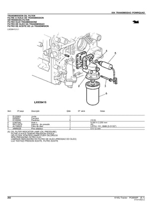 054 TRANSMISSAO POWRQUAD
TRANSMISSION OIL FILTER
FILTRE A HUILE DE TRANSMISSION
GETRIEBEOELFILTER
FILTRO OLIO TRASMISSIONE
FILTRO DE OLEO DA TRANSMISSAO
FILTRO DE ACEITE DE LA TRANSMISION
LX039415 A.1
Item Nº peça Descrição Qtde Nº série Notas
1 R120902 Junta 1
2 R95850 Carcaça 1
3 R109066 Parafuso 6 (10.9)
4 51M7040 Anel o 1 9.300 X 2.200 mm
5 RE212878 Interrup. de pressão 1 (A)
6 AL156625 Filtro de óleo 1 LGTH= 151, 6MM (5-31/32")
7 34M5028 Pino elástico 2 5 X 12 mm
(A) OIL FILTER INDICATOR LAMP (OIL PRESSURE)
FILTRE A HUILE-TEMOIN PRESSION D'HUILE
OELFILTER- KONTROLLAMPE FUER OELDRUCK
SPIA PRESSIONE FILTRO OLIO
LAMPADA INDICADORA DO FILTRO DE OLEO (PRESSAO DO OLEO)
LUZ TESTIGO PRESION ACEITE, FILTRO ACEITE
262 6145J Tractor PC8550P (E.1)
ST347339(A.2)
 