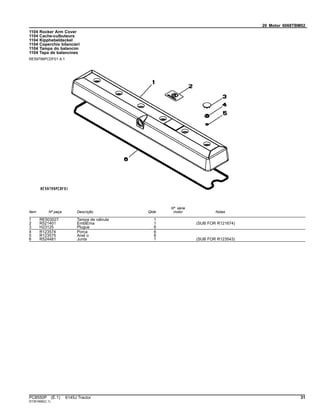 20 Motor 6068TBM02
1104 Rocker Arm Cover
1104 Cache-culbuteurs
1104 Kipphebeldeckel
1104 Coperchio bilancieri
1104 Tampa do balancim
1104 Tapa de balancines
RE59799PCDF01 A.1
Item Nº peça Descrição Qtde
Nº série
motor Notas
1 RE503027 Tampa de válvula 1
2 R521401 EmblEma 1 (SUB FOR R121674)
3 H23125 Plugue 6
4 R123574 Porca 6
5 R123575 Anel o 6
6 R524481 Junta 1 (SUB FOR R123543)
PC8550P (E.1) 6145J Tractor 31
ST351695(C.1)
 
