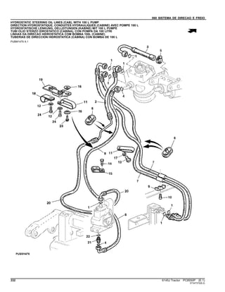 060 SISTEMA DE DIRECAO E FREIO
HYDROSTATIC STEERING OIL LINES (CAB), WITH 100 L PUMP
DIRECTION HYDROSTATIQUE, CONDUITES HYDRAULIQUES (CABINE) AVEC POMPE 100 L
HYDROSTATISCHE LENKUNG, OELLEITUNGEN (KABINE) MIT 100 L PUMPE
TUBI OLIO STERZO IDROSTATICO (CABINA), CON POMPA DA 100 LITRI
LINHAS DA DIRECAO HIDROSTATICA COM BOMBA 100L (CABINE)
TUBERIAS DE DIRECCION HIDROSTATICA (CABINA) CON BOMBA DE 100 L
PUBM1479 A.1
332 6145J Tractor PC8550P (E.1)
ST347372(B.2)
 