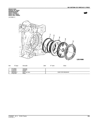 060 SISTEMA DE DIRECAO E FREIO
BRAKE DISK
DISQUE DE FREIN
BREMSSCHEIBE
DISCO FRENO
DISCO DO FREIO
DISCO DEL FRENO
LX014988 A.1
Item Nº peça Descrição Qtde Nº série Notas
1 R122850 Vedação 2
2 R126399 Vedação 2
3 R125127 Pistão 2
4 RE323613 Disco de freio 2 SUB FOR RE292445
5 R125128 Placa 2
PC8550P (E.1) 6145J Tractor 353
ST347378(C.1)
 