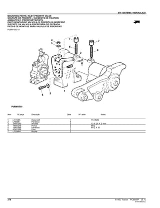 070 SISTEMA HIDRAULICO
MOUNTING PARTS, INLET PRIORITY VALVE
SOUPAPE DE PRIORITE - ELEMENTS DE FIXATION
ANBAUTEILE, PRIORITAETSVENTIL
PARTI MONTAGGIO VALVOLA DI PRIORITA IN INGRESSO
SUPORTE DA VALVULA PRIORITARIA DE ENTRADA
PIEZAS DE MONTAJE PARA VALVULA DE PRIORIDAD
PUBM1530 A.1
Item Nº peça Descrição Qtde Nº série Notas
1 L111085 RetentoR 1 TK 8MM
2 L79006 Parafuso 4
3 24M7240 Arruela 3 13 X 25 X 3 mm
4 14M7275 Porca 2 M12
5 19M7988 Parafuso 1 M12 X 30
6 42M7066 Pino 2
7 L100864 Bucha 2
378 6145J Tractor PC8550P (E.1)
ST347392(A.2)
 