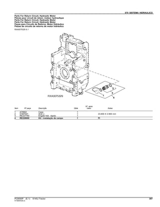 070 SISTEMA HIDRAULICO
Parts For Return Circuit, Hydraulic Motor
Pièces pour circuit de retour, moteur hydraulique
Parts For Return Circuit, Hydraulic Motor
Parts For Return Circuit, Hydraulic Motor
Peças para Circuito de Retorno, Motor Hidráulico
Piezas de circuito de retorno de motor hidráulico
RXA0075329 A.1
Item Nº peça Descrição Qtde
Nº série
trator Notas
1 A79902 Capa 1
2 51M7047 Anel o 1 23.600 X 2.900 mm
3 RE227760 Engate hidr. rápido 1
4 RE228000 Kit - instalação de campo 1 FI
PC8550P (E.1) 6145J Tractor 397
ST369053(B.2)
 