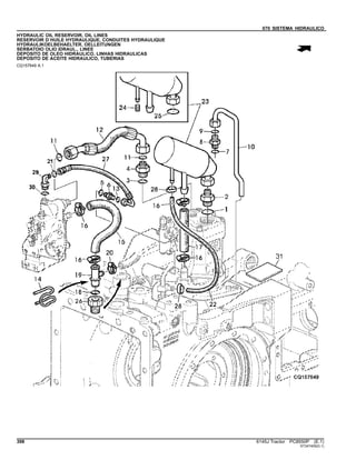 070 SISTEMA HIDRAULICO
HYDRAULIC OIL RESERVOIR, OIL LINES
RESERVOIR D`HUILE HYDRAULIQUE, CONDUITES HYDRAULIQUE
HYDRAULIKOELBEHAELTER, OELLEITUNGEN
SERBATOIO OLIO IDRAUL., LINEE
DEPOSITO DE OLEO HIDRAULICO, LINHAS HIDRAULICAS
DEPOSITO DE ACEITE HIDRAULICO, TUBERIAS
CQ157649 A.1
398 6145J Tractor PC8550P (E.1)
ST347405(D.1)
 