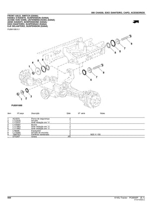 080 CHASSI, EIXO DIANTEIRO, CAPO, ACESSORIOS
FRONT AXLE, SWITCH (DANA)
ESSIEU D'AVANTE, SUSPENSION (DANA)
ACHSE VON VORN, UNTERBRECHUNG (DANA)
ASSE DAVANTI, SOSPENSIONE (DANA)
EIXO DIANTEIRO, SUSPENSAO (DANA)
EJE DELANTERO, SUSPENSION (DANA)
PUBM1088 B.1
Item Nº peça Descrição Qtde Nº série Notas
1 A31870 Porca de segurança 2
2 L172535 Arruela 1
3 L172537 Anel vedação em "v' 1
4 L175587 Bucha 1
5 L171863 Anel vedação em "v' 2
6 L171862 Anel vedação em "v' 1
7 L78006 Espaçador 2
8 L175585 Arruela de encosto 2
9 19M7921 Parafuso sextavado 2 M20 X 150
.. DT5267 Graxa AR
444 6145J Tractor PC8550P (E.1)
ST347429(B.2)
 
