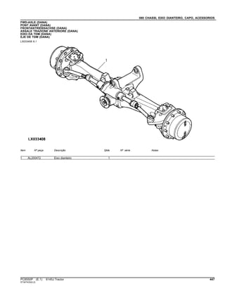 080 CHASSI, EIXO DIANTEIRO, CAPO, ACESSORIOS
FWD-AXLE (DANA)
PONT AVANT (DANA)
FRONTANTRIEBSACHSE (DANA)
ASSALE TRAZIONE ANTERIORE (DANA)
EIXO DA TDM (DANA)
EJE DE TDM (DANA)
LX033408 A.1
Item Nº peça Descrição Qtde Nº série Notas
1 AL200472 Eixo dianteiro 1
PC8550P (E.1) 6145J Tractor 447
ST347433(A.2)
 