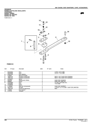 080 CHASSI, EIXO DIANTEIRO, CAPO, ACESSORIOS
DRAWBAR
BARRE D'ATTELAGE OSCILLANTE
ZUGPENDEL
BARRA TRAINO
BARRA DE TRACAO
BARRA DE TIRO
PUBM1420 A.1
Item Nº peça Descrição Qtde Nº série Notas
1 DQ34064 Pino 1 LGTH= 247.5 MM
DQ34065 Pino 1 LGTH= 174.5 MM
2 CQ31233 Pino elástico 1
3 L76093 Barra de tração 1
4 19M7518 Parafuso sextavado 1 M20 X 100, SUB FOR CQ39529
5 19M7722 Parafuso sextavado 1 M20 X 160, SUB FOR CQ39223
6 CQ39221 Barra 1
7 R54064 Suplemento Sólido 1 SUB FOR CQ39220
8 R88667 Porca 2 SUB FOR 14M7144
9 CQ33966 Pino 1 31.750 X 247.500 mm,
CQ33967 Pino 1 174.5 MM
10 CQ38646 Apoio 1
11 L158886 Mola de compressão 1 SUB FOR CQ35837
12 24H1513 Arruela 2 1-13/32" X 2" X 0.060", SUB FOR 24M7200
13 14M7230 Porca de segurança 1 M20
14 L76089 Pino fixador 1
15 L76136 Tampão 1
468 6145J Tractor PC8550P (E.1)
ST347445(B.1)
 