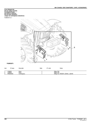080 CHASSI, EIXO DIANTEIRO, CAPO, ACESSORIOS
Front Weight Kit
Kit de masse frontale
Frontgewichtsatz
Kit zavorre anteriori
Kit do Peso Dianteiro
Juego de contrapesos delanteros
PUBM3073 A.1
Item Nº peça Descrição Qtde Nº série Notas
1 L38450 Peso 1 50kg, RH
2 L38449 Peso 1 50kg, RH
3 PS630005 Contrapeso 1 50kg, Kit; ORDER L38450, L38449
480 6145J Tractor PC8550P (E.1)
ST714001(B.1)
 
