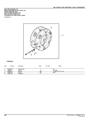 080 CHASSI, EIXO DIANTEIRO, CAPO, ACESSORIOS
Rear Wheel Weight, Kit
Masse de lestage de roue arrière, kit
Hinterradgewicht, Satz
Zavorra ruota posteriore, kit
Peso da Roda Traseira, Kit
Contrapeso de rueda trasera, juego
PUBM2934 A.1
Item Nº peça Descrição Qtde Nº série Notas
1 PS630007 Contrapeso 1 FI
2 L28230 Peso 2 38.5 Kg
3 24M7049 Arruela AR 17.500 X 30 X 3 mm
4 14M7142 Porca AR M16
5 CQ27128 Parafuso 2
482 6145J Tractor PC8550P (E.1)
ST704067(B.2)
 