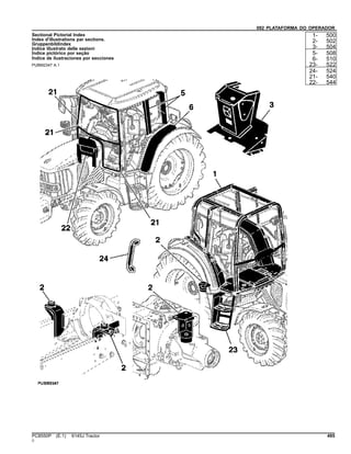 092 PLATAFORMA DO OPERADOR
Sectional Pictorial Index
Index d'illustrations par sections.
Gruppenbildindex
Indice illustrato delle sezioni
Índice pictórico por seção
Índice de ilustraciones por secciones
PUBM2347 A.1
1- 500
2- 502
3- 504
5- 508
6- 510
23- 522
24- 524
21- 540
22- 544
PC8550P (E.1) 6145J Tractor 495
()
 