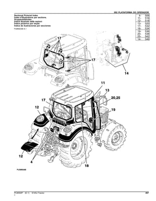092 PLATAFORMA DO OPERADOR
Sectional Pictorial Index
Index d'illustrations par sections.
Gruppenbildindex
Indice illustrato delle sezioni
Índice pictórico por seção
Índice de ilustraciones por secciones
PUBM2348 A.1
4- 506
11- 516
12- 518
13- 520
17- 532
18- 534
19- 536
20- 538
25- 542
14- 546
PC8550P (E.1) 6145J Tractor 497
()
 