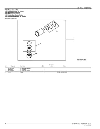20 Motor 6068TBM02
9901 Piston Liner Kit
9901 Kit de chemise de piston
9901 Kolbenbüchsensatz
9901 Kit camicia pistone
9901 Kit de Camisa do Pistão
9901 Juego de camisas de pistón
RE507850PCDB03 A.1
Item Nº peça Descrição Qtde
Nº série
motor Notas
1 RE507850 Kit pistão e camisa 1
2 AR65507 Kit - anel o 1
3 RE507852 Kit anéis de pistão 1
4 ........ Pistão 1 (ORD RE507850)
86 6145J Tractor PC8550P (E.1)
ST166426(A.2)
 