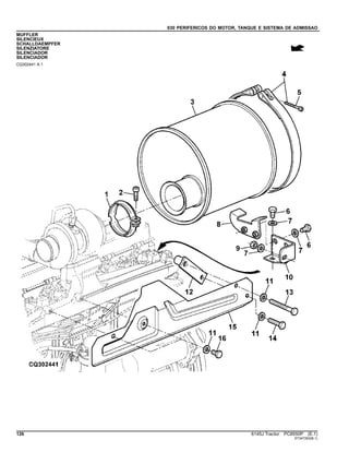 030 PERIFERICOS DO MOTOR, TANQUE E SISTEMA DE ADMISSAO
MUFFLER
SILENCIEUX
SCHALLDAEMPFER
SILENZIATORE
SILENCIADOR
SILENCIADOR
CQ302441 A.1
126 6145J Tractor PC8550P (E.1)
ST347263(B.1)
 