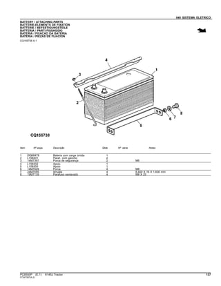 040 SISTEMA ELETRICO
BATTERY / ATTACHING PARTS
BATTERIE-ELEMENTS DE FIXATION
BATTERIE / BEFESTIGUNGSTEILE
BATTERIA / PARTI FISSAGGIO
BATERIA / FIXACAO DA BATERIA
BATERIA / PIEZAS DE FIJACION
CQ155738 A.1
Item Nº peça Descrição Qtde Nº série Notas
1 DQ68478 Bateria com carga úmida 1
2 L158301 Paraf. com gancho 2
3 14M7397 Porca de segurança 2 M6
4 L158302 Apoio 1
5 L158305 Apoio 1
6 14M7029 Porca 4 M8
7 24M7055 Arruela 4 8.400 X 16 X 1.600 mm
8 19M7139 Parafuso sextavado 4 M8 X 20
PC8550P (E.1) 6145J Tractor 137
ST347267(A.2)
 