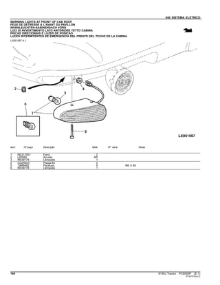 040 SISTEMA ELETRICO
WARNING LIGHTS AT FRONT OF CAB ROOF
FEUX DE DETRESSE A L'AVANT DU PAVILLON
WARNLEUCHTEN-KABINENDACH VORN
LUCI DI AVVERTIMENTO LATO ANTERIORE TETTO CABINA
PISCAS DIRECIONAIS E LUZES DE POSICAO
LUCES INTERMITENTES DE EMERGENCIA DEL FRENTE DEL TECHO DE LA CABINA
LX051087 A.1
Item Nº peça Descrição Qtde Nº série Notas
1 RE217551 Farol 2
2 L60585 Arruela AR
3 RE49778 Lâmpada 1
4 CQ25923 Passa-fio 2
5 19M8482 Parafuso 4 M6 X 80
6 RE49778 Lâmpada 1
144 6145J Tractor PC8550P (E.1)
ST347274(A.2)
 
