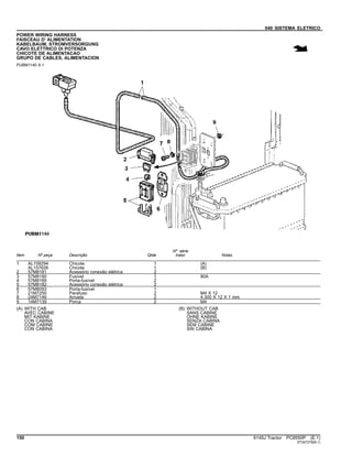 040 SISTEMA ELETRICO
POWER WIRING HARNESS
FAISCEAU D' ALIMENTATION
KABELBAUM, STROMVERSORGUNG
CAVO ELETTRICO DI POTENZA
CHICOTE DE ALIMENTACAO
GRUPO DE CABLES, ALIMENTACION
PUBM1140 A.1
Item Nº peça Descrição Qtde
Nº série
trator Notas
1 AL158294 Chicote 1 (A)
AL157626 Chicote 1 (B)
2 57M8181 Acessório conexão elétrica 2
3 57M8190 Fusível 1 80A
4 57M8189 Porta-fusível 2
5 57M8182 Acessório conexão elétrica 2
6 57M8093 Porta-fusível 1
7 21M7250 Parafuso 2 M4 X 12
8 24M7146 Arruela 2 4.300 X 12 X 1 mm
9 14M7139 Porca 2 M4
(A) WITH CAB
AVEC CABINE
MIT KABINE
CON CABINA
COM CABINE
CON CABINA
(B) WITHOUT CAB
SANS CABINE
OHNE KABINE
SENZA CABINA
SEM CABINE
SIN CABINA
150 6145J Tractor PC8550P (E.1)
ST347278(B.1)
 