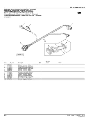 040 SISTEMA ELETRICO
Bulk Head Wiring Harness (With AutoTrac™ Universal)
Faisceau de cloison (avec universel AutoTrac™)
Trennwand-Kabelbaum (mit AutoTrac™ Universal)
Fascio cavi deflettore (con AutoTrac™ Universal)
Chicote Elétrico do Anteparo (com AutoTrac™ Universal)
Grupo de cables de tabique a granel (con AutoTrac™ universal)
HP18516 A.1
Item Nº peça Descrição Qtde
Nº série
trator Notas
1 57M8017 Alojam. conector elétrico 1
57M7619 Disp fechamento conec elétr 1
2 57M8015 Conj mont Conector elétrico 1
57M8016 Disp fechamento conec elétr 1
3 57M8606 Alojam. conector elétrico 1
4 57M9231 Alojam. conector elétrico 1
57M8947 Acessório conexão elétrica 1
5 57M9215 Vedação conector elétrico 1
6 57M7262 Alojam. conector elétrico 1
7 57M7258 Vedação conector elétrico 1
8 57M8907 Disp fechamento conec elétr 1
9 R104846 Terminal conecTor eléTrico 1
10 PF80793 Chicote do painel de instru 1
210 6145J Tractor PC8550P (E.1)
ST347311(D.1)
 