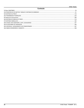 6145J Tractor
Conteúdo
20 Motor 6068TBM02.......................................................................................................................................................................................................29
030 PERIFERICOS DO MOTOR, TANQUE E SISTEMA DE ADMISSAO ......................................................................................................................91
040 SISTEMA ELETRICO..............................................................................................................................................................................................133
054 TRANSMISSAO POWRQUAD................................................................................................................................................................................233
56 Sistemas de Acionamento.........................................................................................................................................................................................269
060 SISTEMA DE DIRECAO E FREIO..........................................................................................................................................................................319
070 SISTEMA HIDRAULICO..........................................................................................................................................................................................355
080 CHASSI, EIXO DIANTEIRO, CAPO, ACESSORIOS..............................................................................................................................................421
092 PLATAFORMA DO OPERADOR.............................................................................................................................................................................495
093 CONTROLE, ACESSORIOS E AR CONDICIONADO............................................................................................................................................547
094 CABOS ACESSORIOS E ASSENTO......................................................................................................................................................................599
22 6145J Tractor PC8550P (E.1)
 