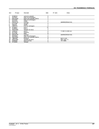 054 TRANSMISSAO POWRQUAD
Item Nº peça Descrição Qtde Nº série Notas
1 R188518 Junta de vedação 2
2 R216291 Plato da embreagem 2
3 RE151059 Disco com estriado interno 1
4 R216293 Plato da embreagem 1
5 R101214 Pistão 2
6 RE244125 Carcaça 1 (MARKEDR244123)
7 R121580 Tampão 3
8 R95316 Pistão 1
9 44M7070 Pino de centragem 4
10 R158521 Anel o 14
11 R158523 Anel o 2
12 RE221608 Tampão de dreno 1
13 51M7041 Anel o 2 11.300 X 2.200 mm
14 R173443 Parafuso 2
15 R101169 Mola 8
16 RE244129 Carcaça 1 (MARKEDR244126)
17 R216292 Plato da embreagem 2
18 RE273492 Disco com estriado interno 3
19 19M7944 Parafuso 8 M10 X 120
20 RE221608 Tampão de dreno 1 INCL KEY 13
21 R209938 Disco de freio 2 TK= 5MM
22 R130606 Tampão 1
PC8550P (E.1) 6145J Tractor 247
ST347330(A.2)
 