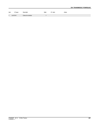 054 TRANSMISSAO POWRQUAD
Item Nº peça Descrição Qtde Nº série Notas
1 LA10141 Caixa de câmbio 1
PC8550P (E.1) 6145J Tractor 267
ST698636(C.1)
 