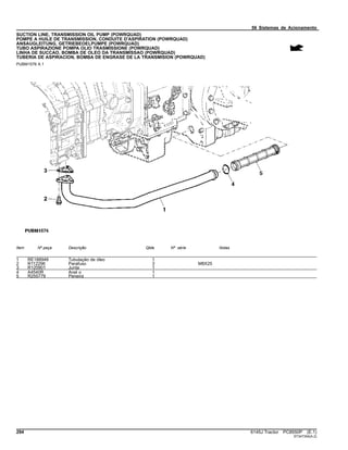 56 Sistemas de Acionamento
SUCTION LINE, TRANSMISSION OIL PUMP (POWRQUAD)
POMPE A HUILE DE TRANSMISSION, CONDUITE D'ASPIRATION (POWRQUAD)
ANSAUGLEITUNG, GETRIEBEOELPUMPE (POWRQUAD)
TUBO ASPIRAZIONE POMPA OLIO TRASMISSIONE (POWRQUAD)
LINHA DE SUCCAO, BOMBA DE OLEO DA TRANSMISSAO (POWRQUAD)
TUBERIA DE ASPIRACION, BOMBA DE ENGRASE DE LA TRANSMISION (POWRQUAD)
PUBM1576 A.1
Item Nº peça Descrição Qtde Nº série Notas
1 RE188948 Tubulação de óleo 1
2 R112296 Parafuso 3 M8X25
3 R120901 Junta 1
4 A4540R Anel o 1
5 R255779 Peneira 1
294 6145J Tractor PC8550P (E.1)
ST347354(A.2)
 