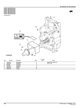 56 Sistemas de Acionamento
Power Take-Off Guard
Power Take-Off Guard
Power Take-Off Guard
Power Take-Off Guard
Power Take-Off Guard
Power Take-Off Guard
PY030818A A.1
Item Nº peça Descrição Qtde
Nº série
trator Notas
1 L211391 Blindagem 1 SUB FOR CQ61730
2 19M7784 Parafuso 4 M10 X 20
3 L64456 Proteção 1
4 R27329 Parafuso 2
5 H151673 Etiqueta 1
6 99M7057 Plugue 14
7 99M7009 Plugue 8
316 6145J Tractor PC8550P (E.1)
ST766118(A.2)
 