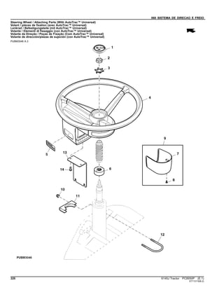 060 SISTEMA DE DIRECAO E FREIO
Steering Wheel / Attaching Parts (With AutoTrac™ Universal)
Volant / pièces de fixation (avec AutoTrac™ Universal)
Lenkrad / Befestigungsteile (mit AutoTrac™ Universal)
Volante / Elementi di fissaggio (con AutoTrac™ Universal)
Volante da Direção / Peças de Fixação (Com AutoTrac™ Universal)
Volante de dirección/piezas de sujeción (con AutoTrac™ Universal)
PUBM3046 A.3
320 6145J Tractor PC8550P (E.1)
ST713119(B.2)
 